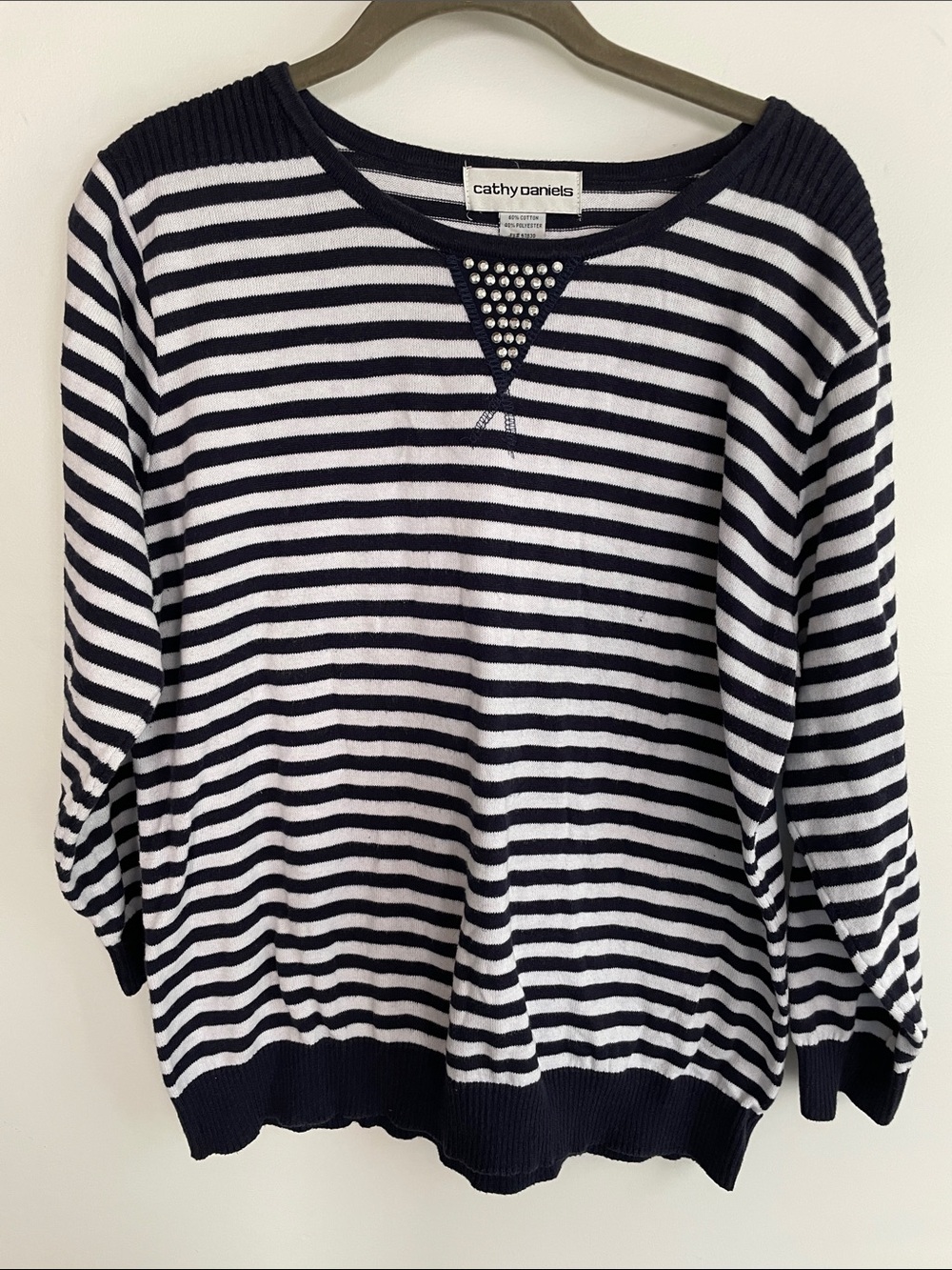 Cathy Daniels Navy & White Striped Scoopneck Sweater with Studded V Detail